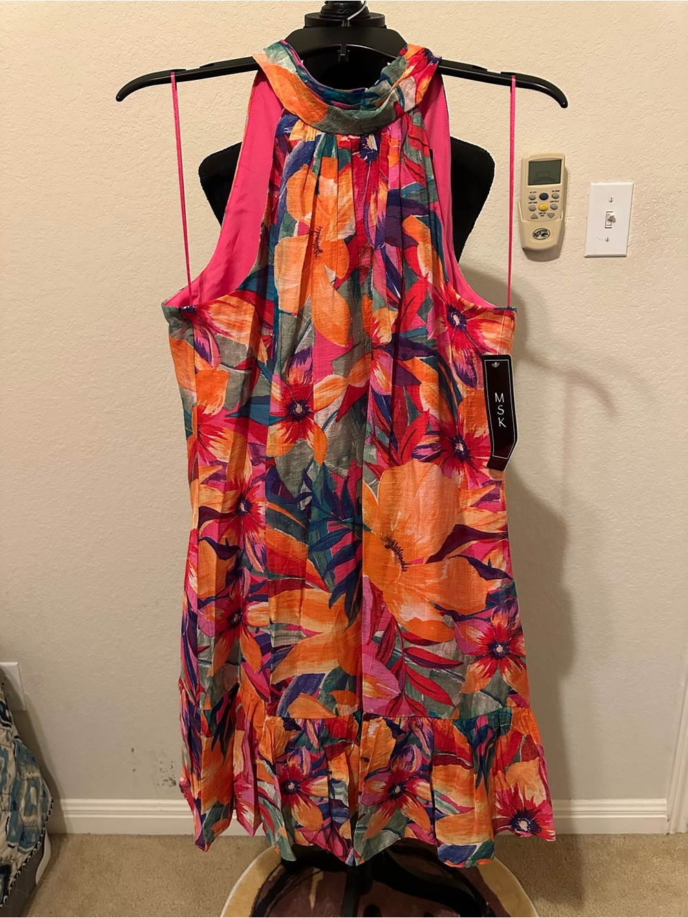MSK Women's Printed Ruffle-Hem Halter Dress Orange & Pink Floral. Size M- NWT - Picture 4 of 16